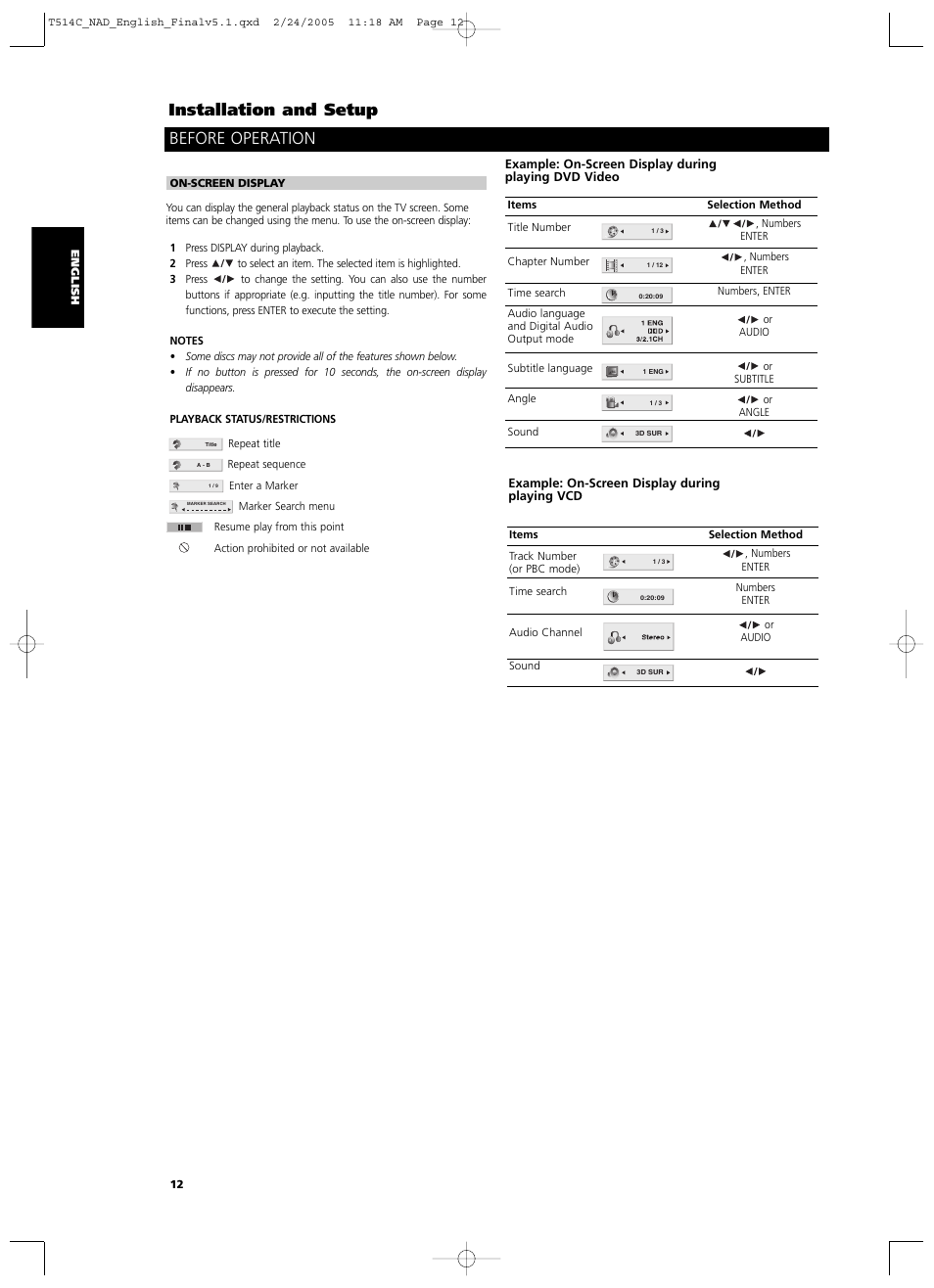 Installation and setup before operation | NAD T514 User Manual | Page 12 / 30