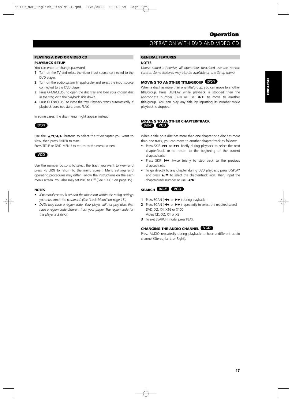 Operation, Operation with dvd and video cd | NAD T514 User Manual | Page 17 / 30