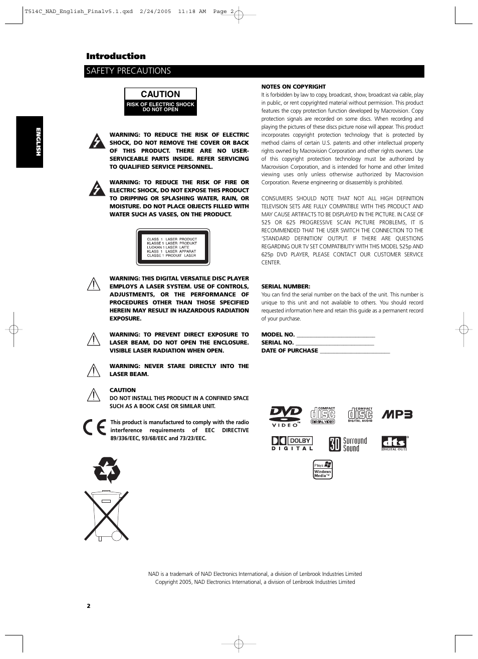 Safety precautions introduction, Caution | NAD T514 User Manual | Page 2 / 30