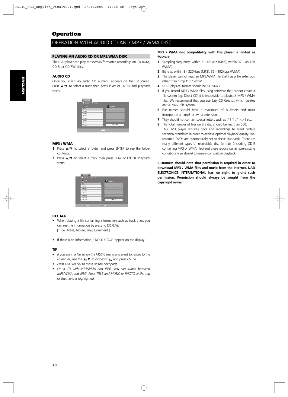 Operation, Operation with audio cd and mp3 / wma disc | NAD T514 User Manual | Page 20 / 30
