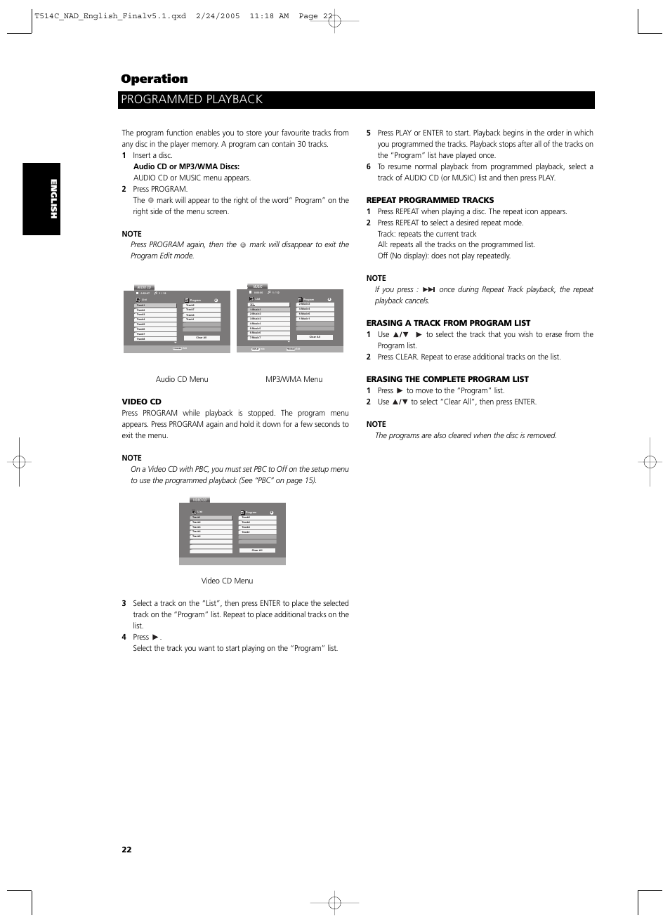 Operation programmed playback | NAD T514 User Manual | Page 22 / 30