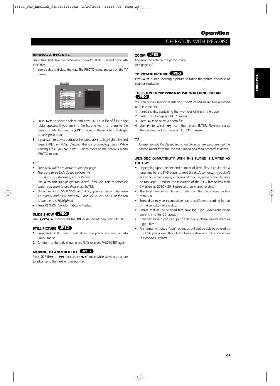 Operation, Operation with jpeg disc | NAD T514 User Manual | Page 23 / 30