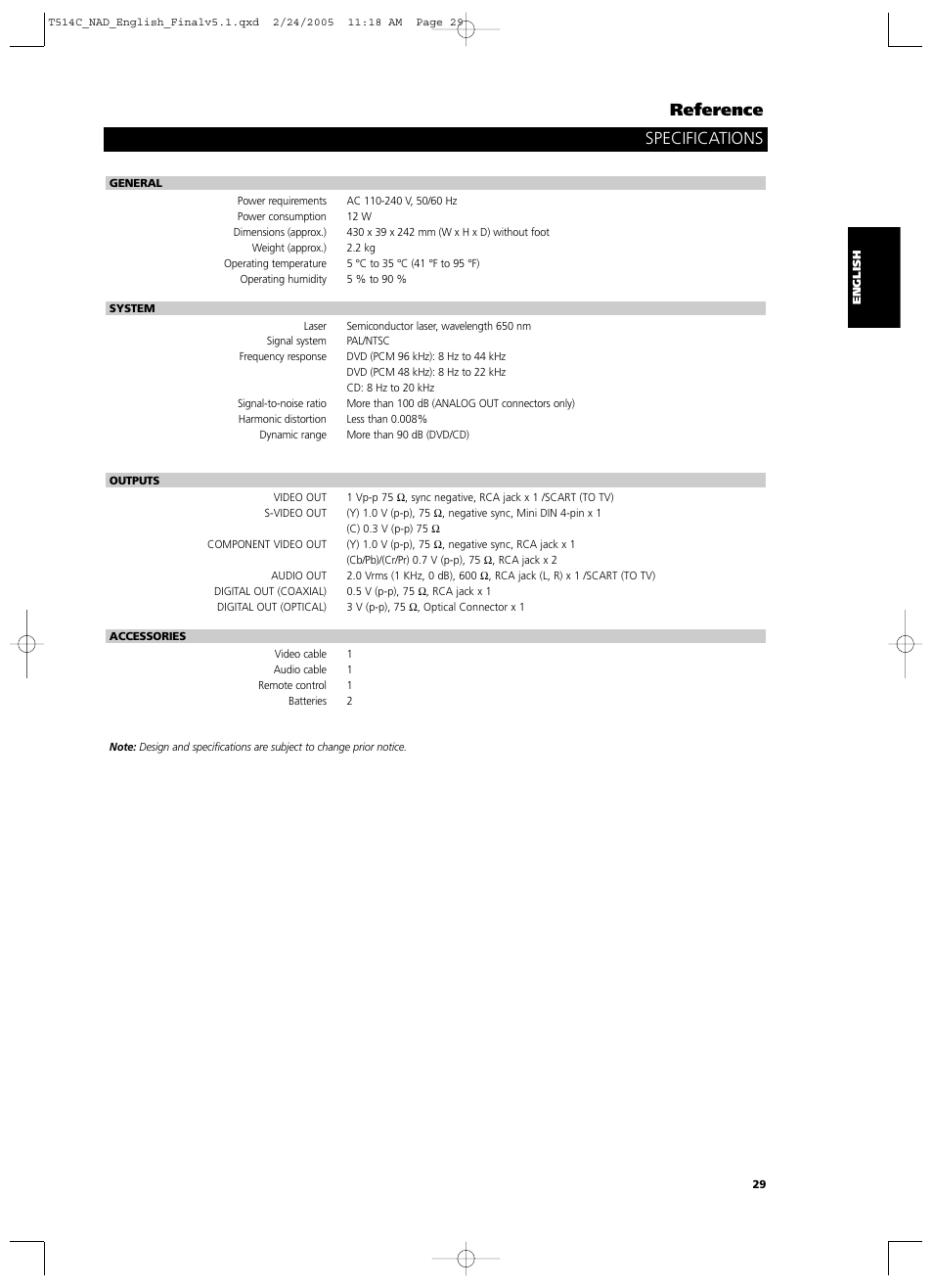 Reference specifications | NAD T514 User Manual | Page 29 / 30