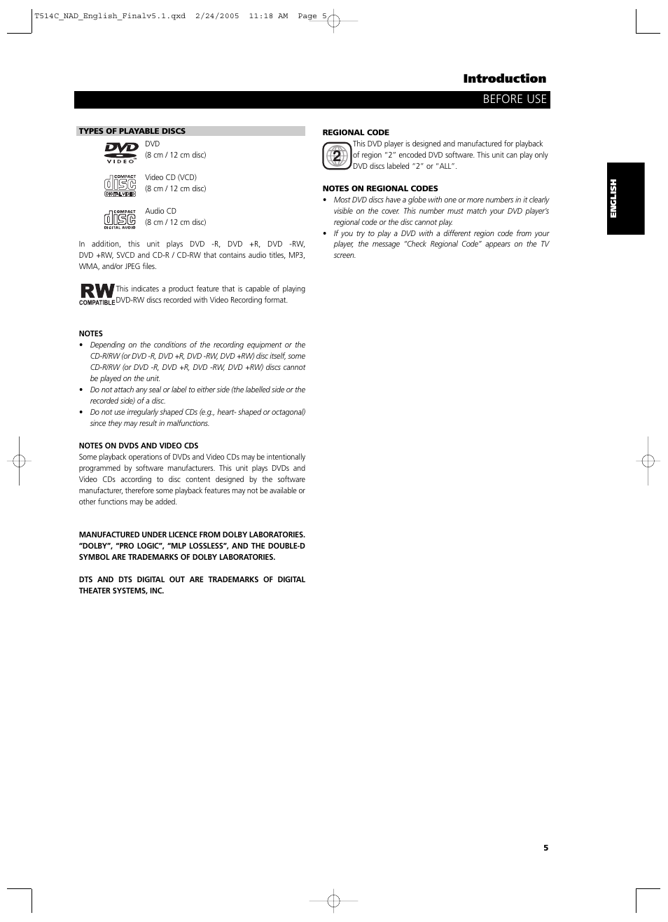 Introduction, Before use | NAD T514 User Manual | Page 5 / 30
