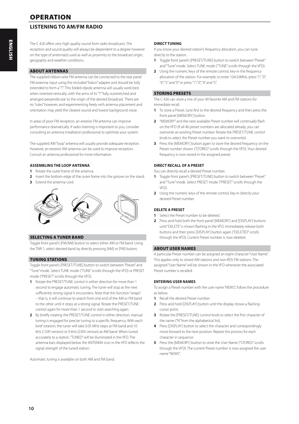 Operation, Listening to am/fm radio, About antennas | Selecting a tuner band, Tuning stations, Storing presets, About user names, Refer also to the item about delete a preset at | NAD C426 User Manual | Page 10 / 14
