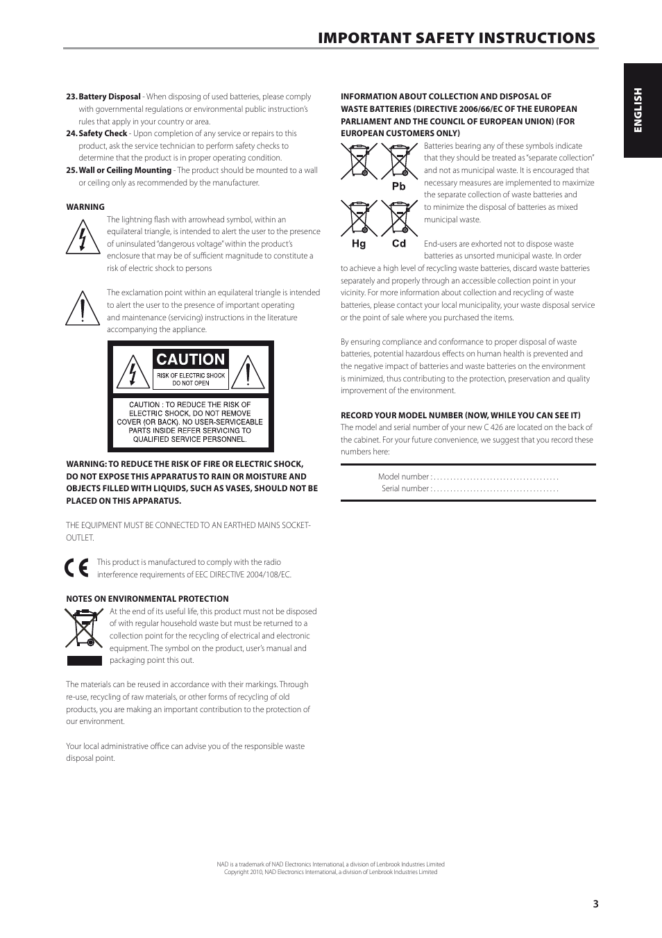 Important safety instructions | NAD C426 User Manual | Page 3 / 14