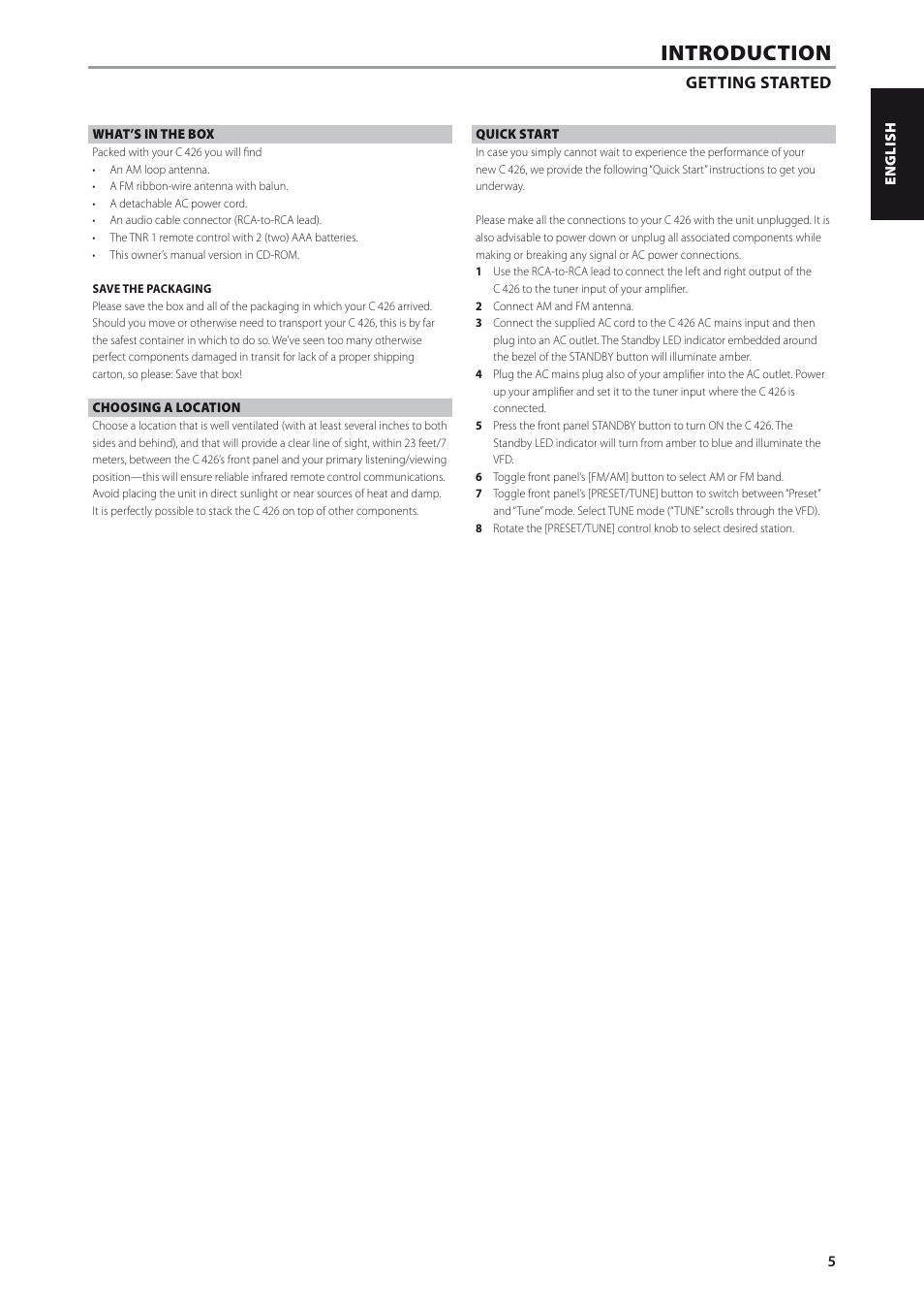 Getting started, What’s in the box, Choosing a location | Quick start, What’s in the box choosing a location quick start, Introduction | NAD C426 User Manual | Page 5 / 14