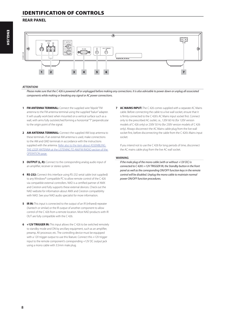 Rear panel, Identification of controls | NAD C426 User Manual | Page 8 / 14