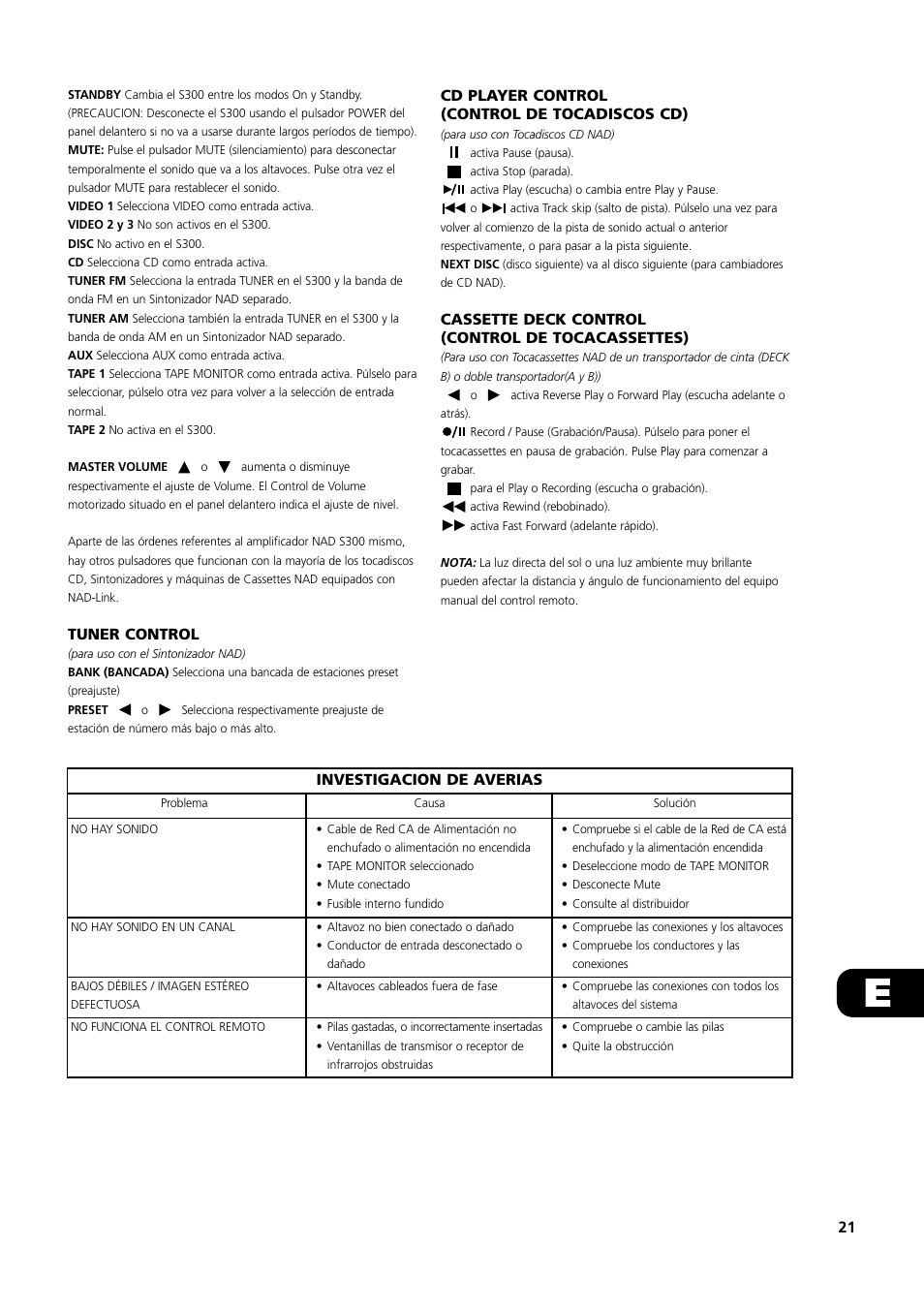 Tuner control, Cd player control (control de tocadiscos cd), Cassette deck control (control de tocacassettes) | 21 investigacion de averias | NAD S300 User Manual | Page 21 / 36