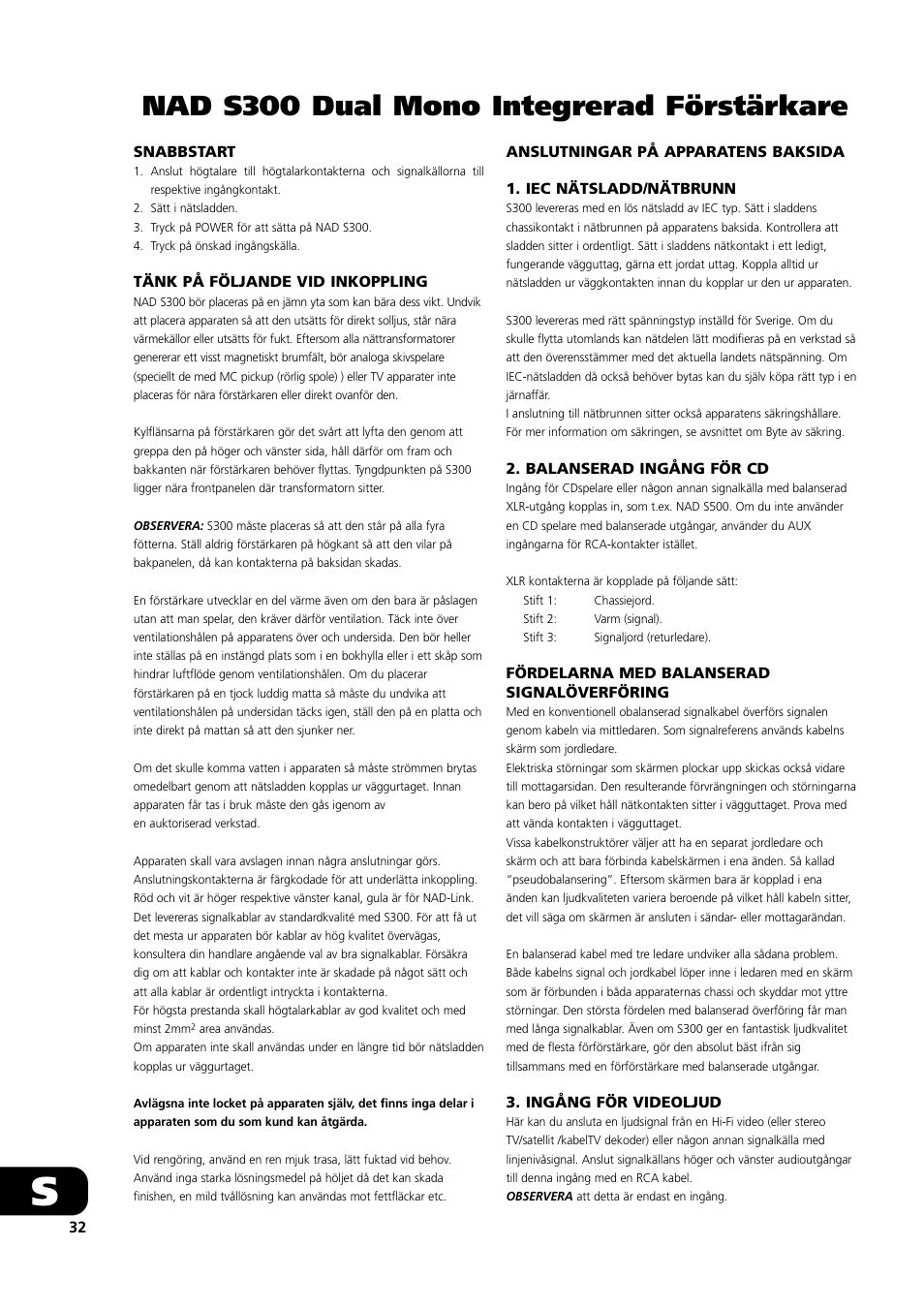 Nad s300 dual mono integrerad förstärkare | NAD S300 User Manual | Page 32 / 36