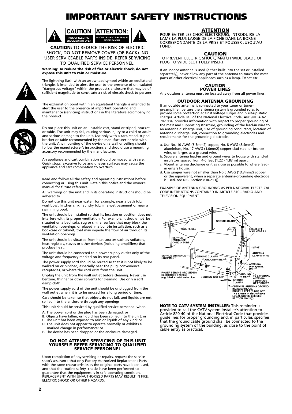 Important safety instructions, Attention, Caution | NAD C 272 User Manual | Page 2 / 46