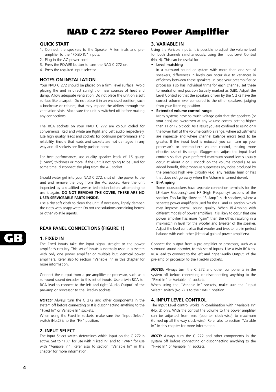 Nad c 272 stereo power amplifier | NAD C 272 User Manual | Page 4 / 46