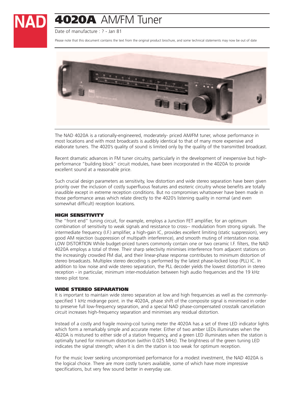 NAD 4020A User Manual | 2 pages