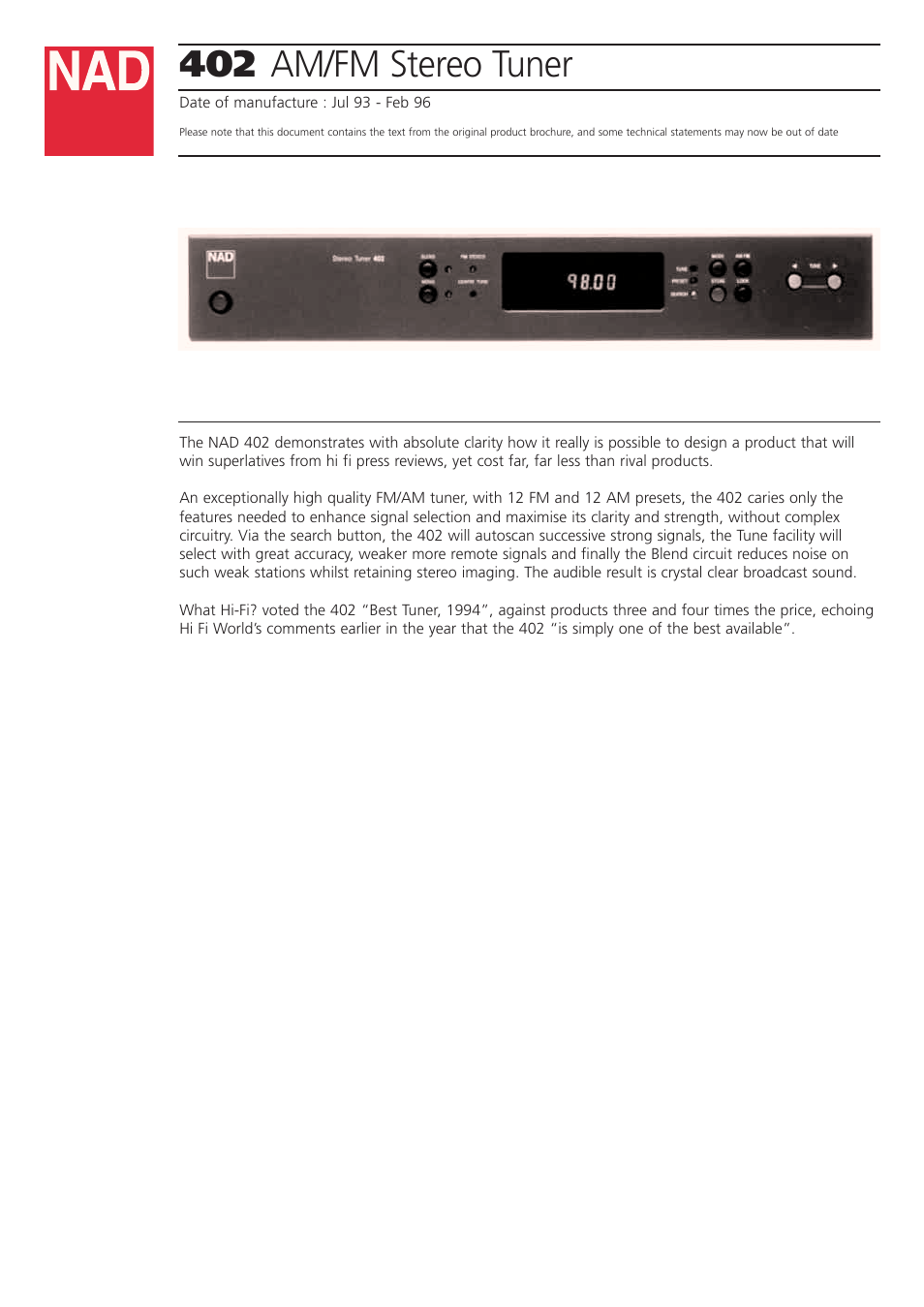 NAD 402 User Manual | 2 pages