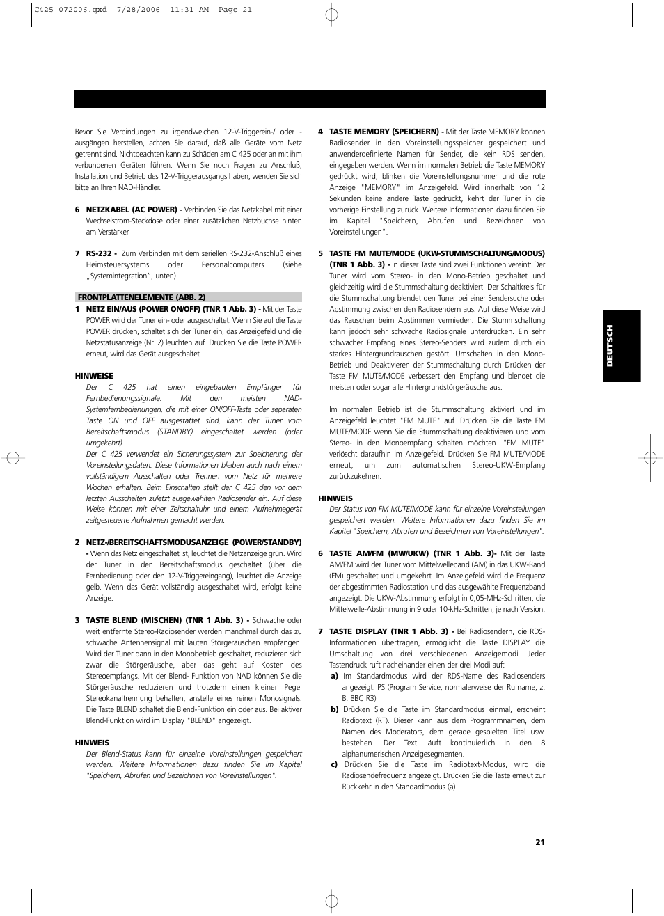 NAD C 425 User Manual | Page 21 / 68