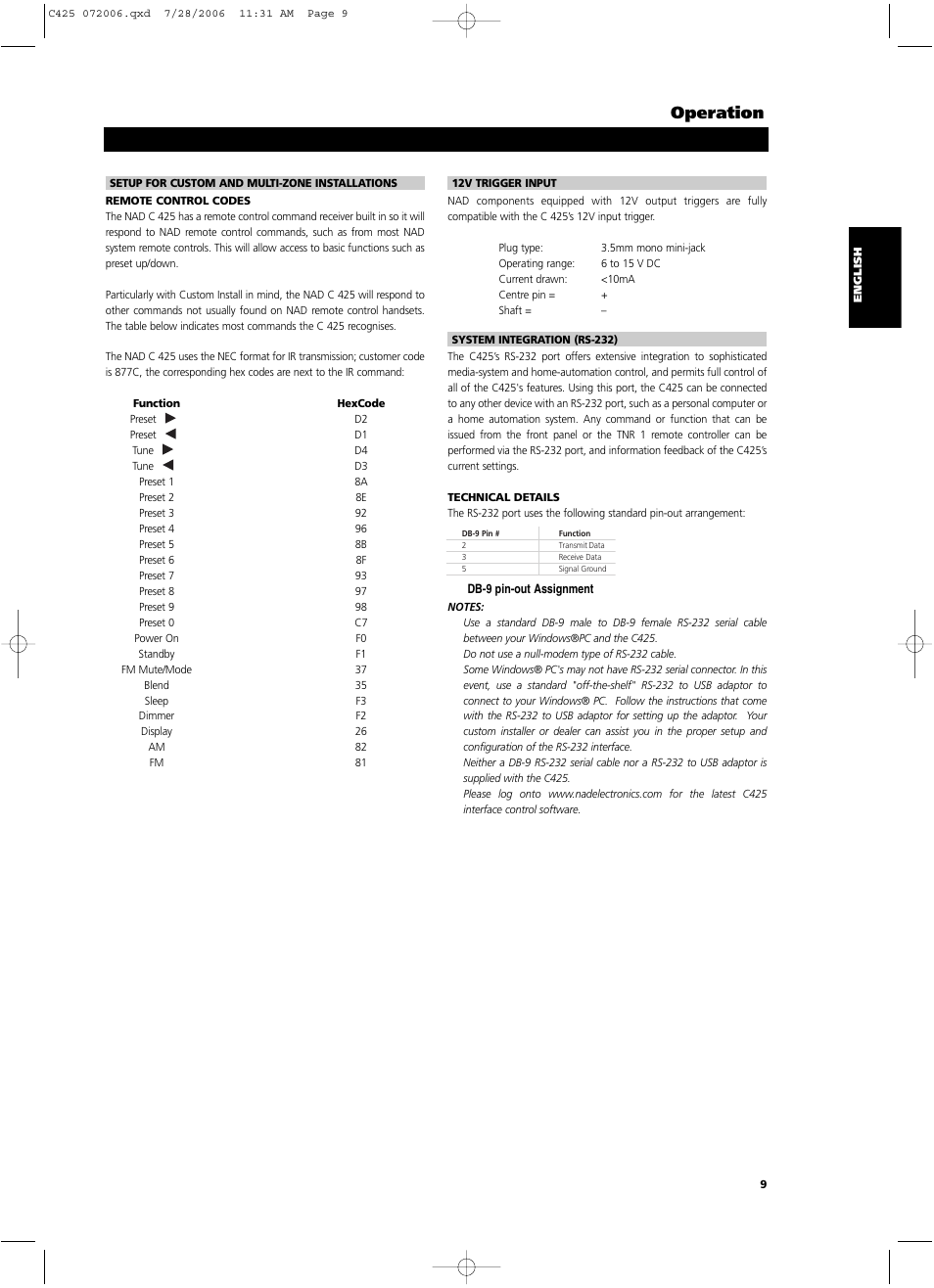 Operation | NAD C 425 User Manual | Page 9 / 68