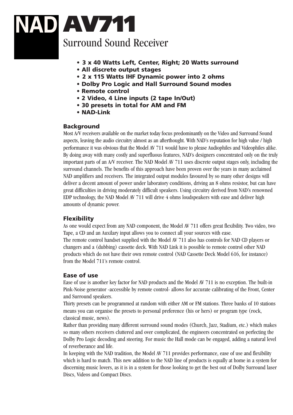 NAD AV711 User Manual | 2 pages