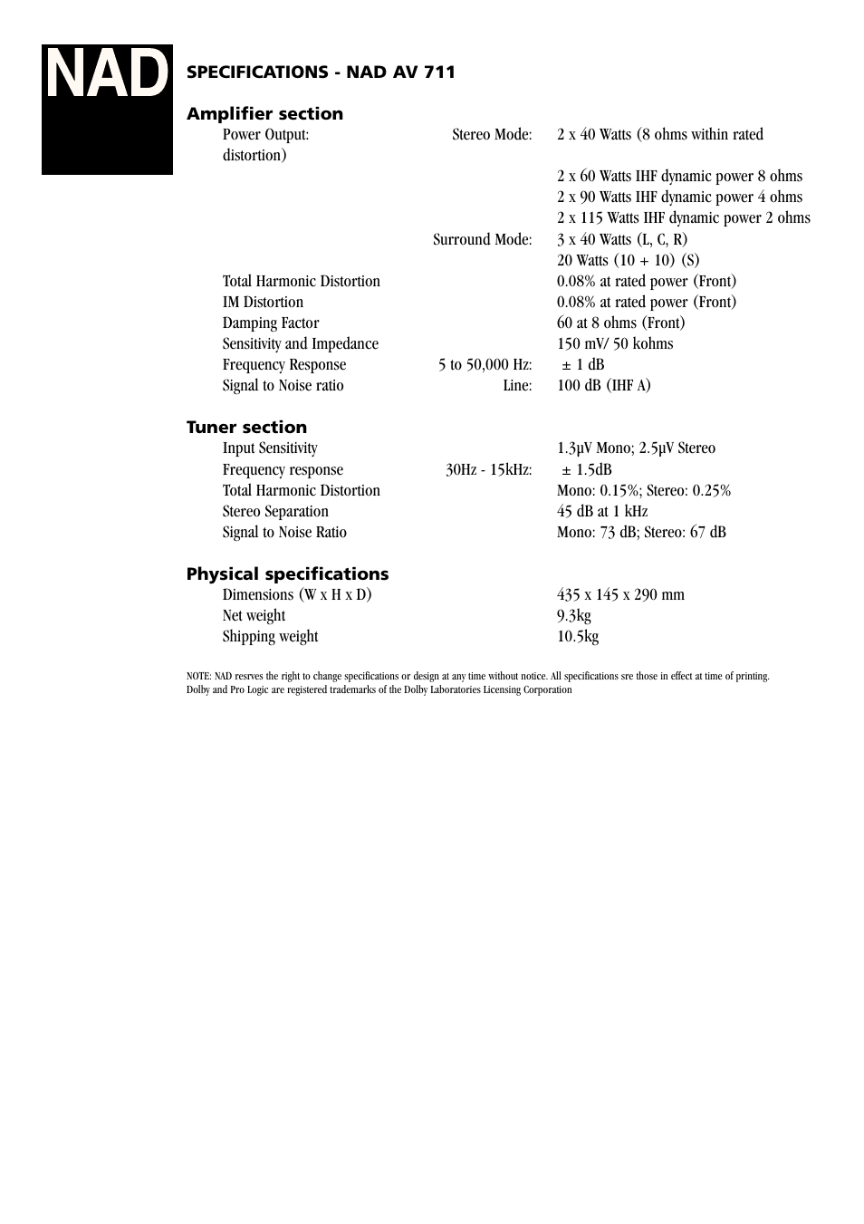 NAD AV711 User Manual | Page 2 / 2