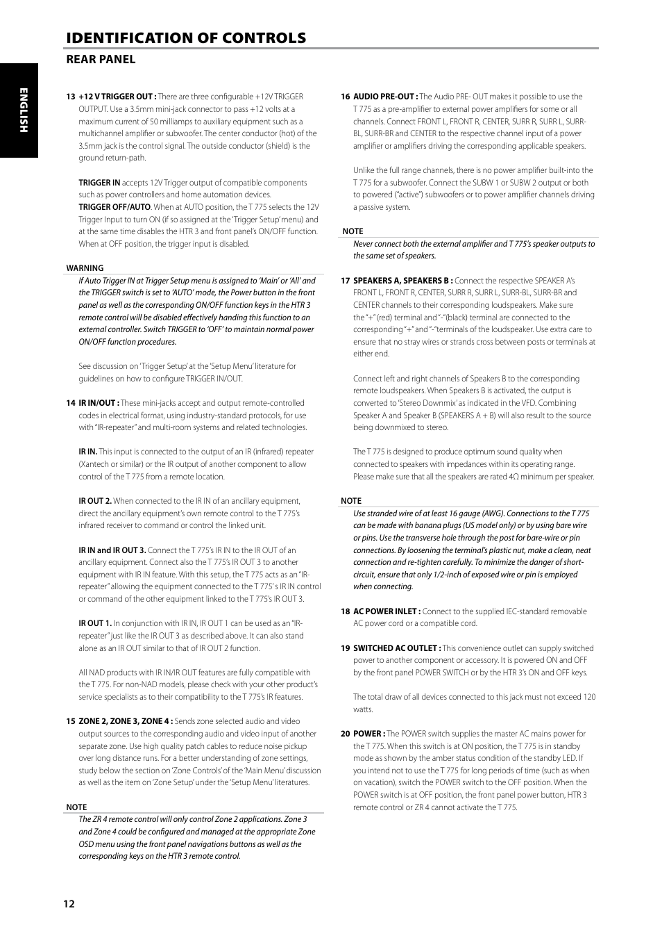 Identification of controls, Rear panel | NAD T775 User Manual | Page 12 / 44