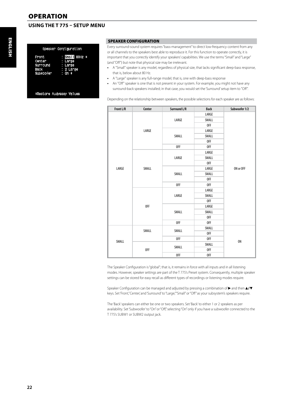 Operation, Using the t 775 – setup menu | NAD T775 User Manual | Page 22 / 44