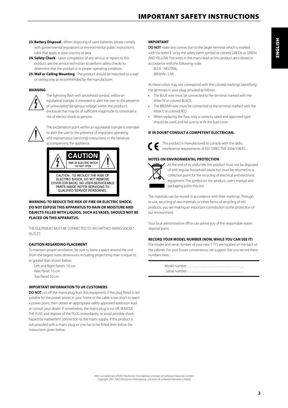 Important safety instructions | NAD T775 User Manual | Page 3 / 44