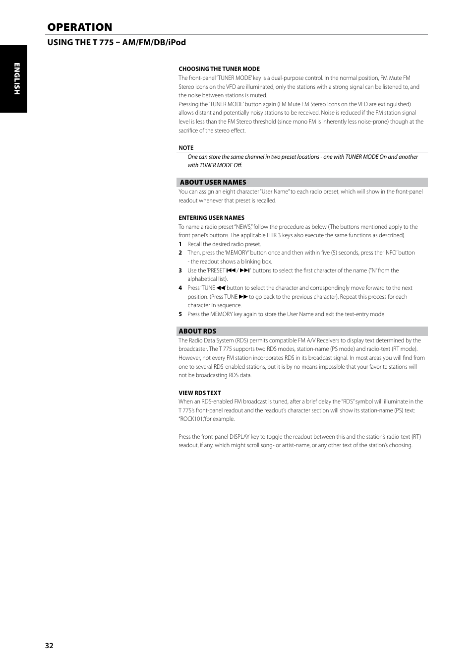 Operation | NAD T775 User Manual | Page 32 / 44