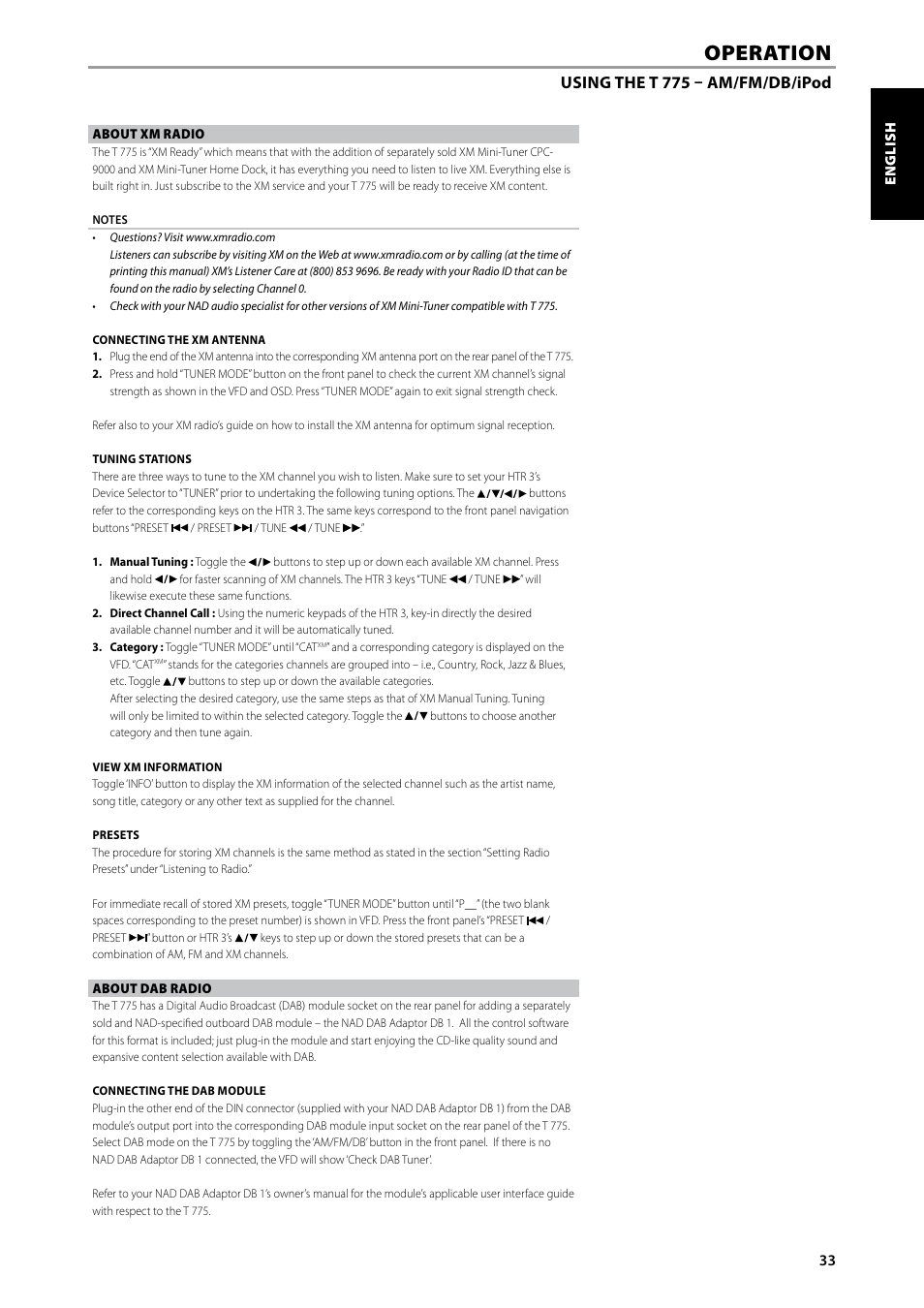 Operation, Using the t 775 – am/fm/db/ipod | NAD T775 User Manual | Page 33 / 44