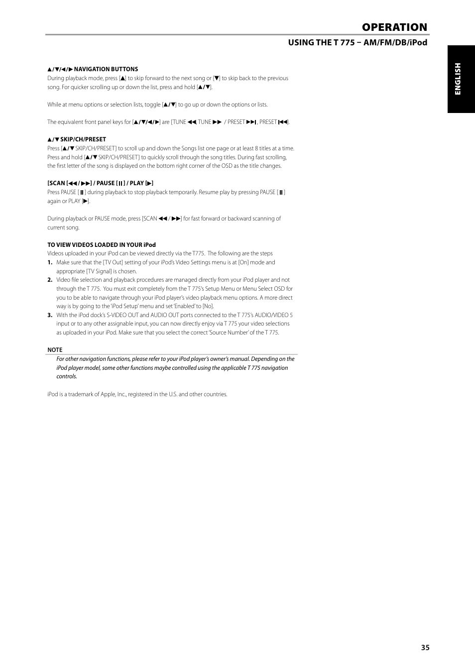 Operation, Using the t 775 – am/fm/db/ipod | NAD T775 User Manual | Page 35 / 44