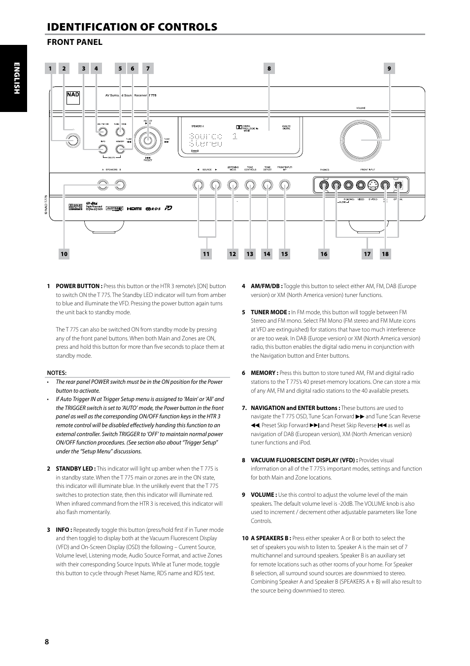 Identification of controls, Front panel | NAD T775 User Manual | Page 8 / 44