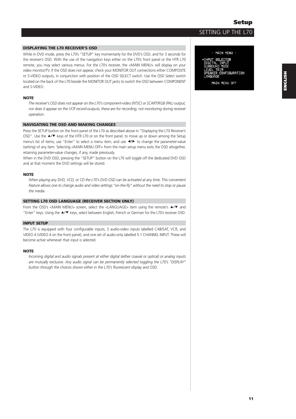 Setting up the l70 setup | NAD L70 User Manual | Page 11 / 34