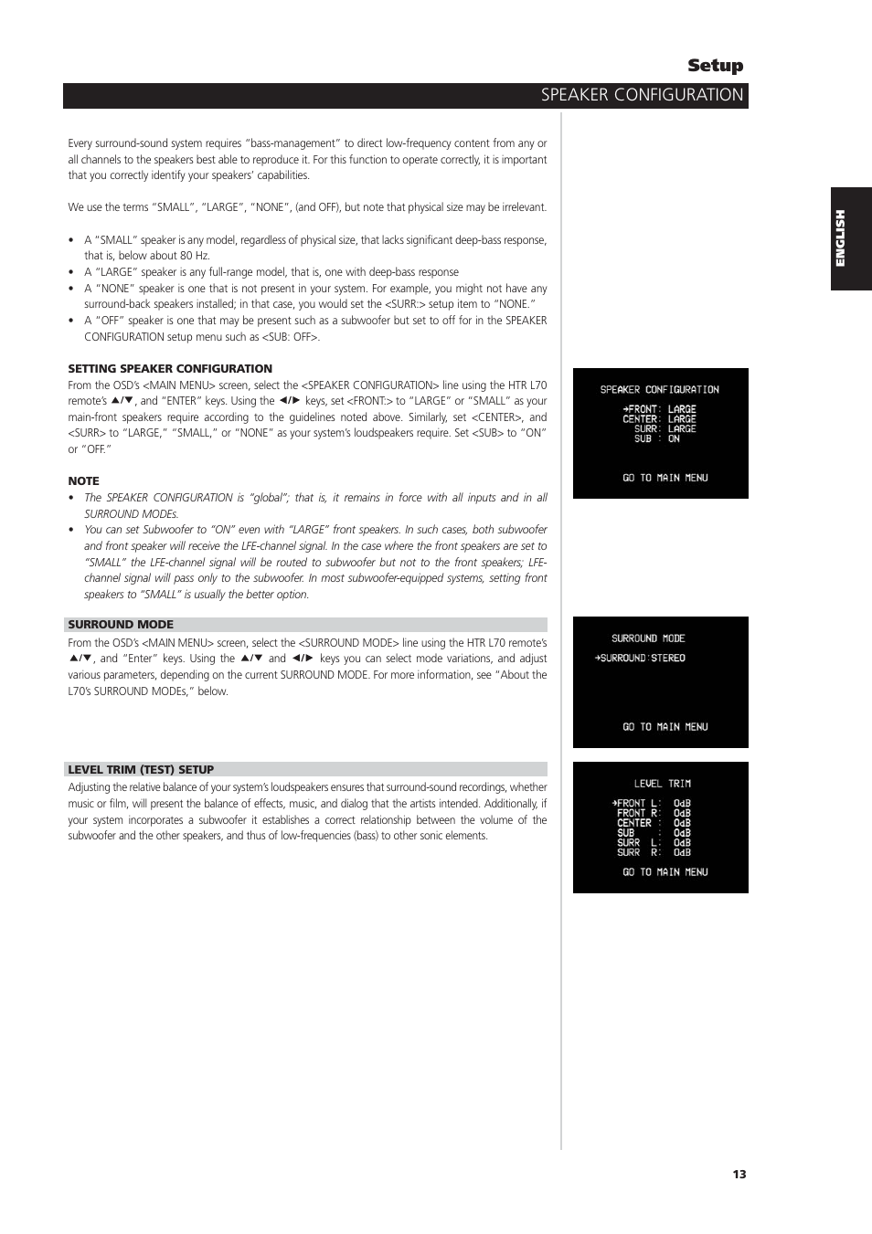 Speaker configuration setup | NAD L70 User Manual | Page 13 / 34