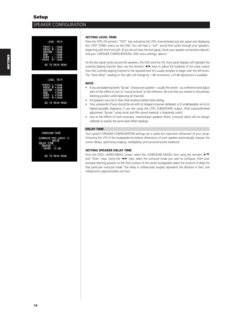 Speaker configuration setup | NAD L70 User Manual | Page 14 / 34