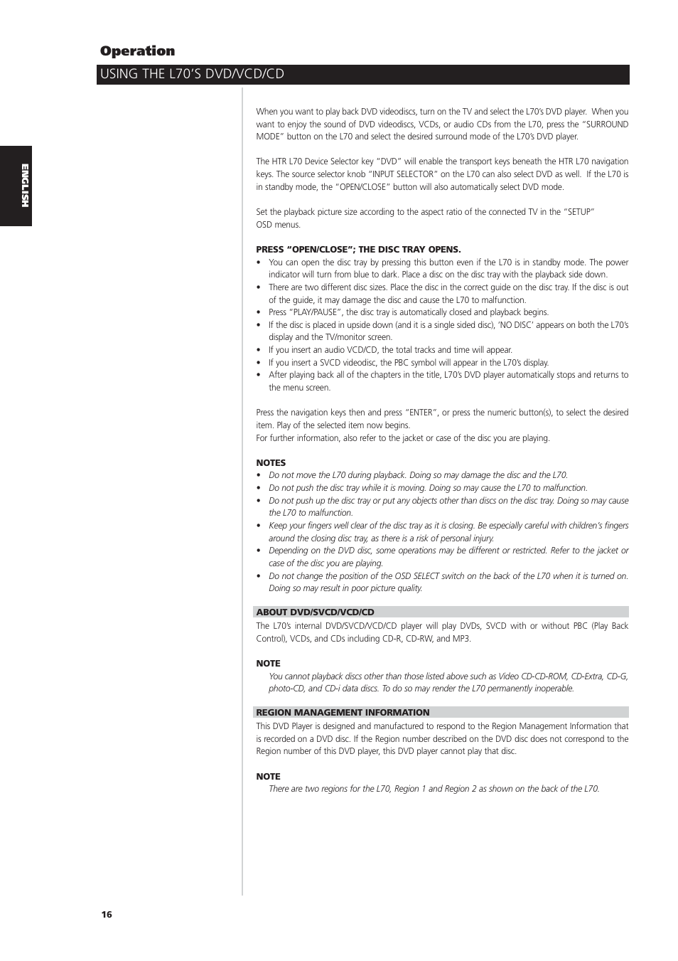 Using the l70’s dvd/vcd/cd operation | NAD L70 User Manual | Page 16 / 34