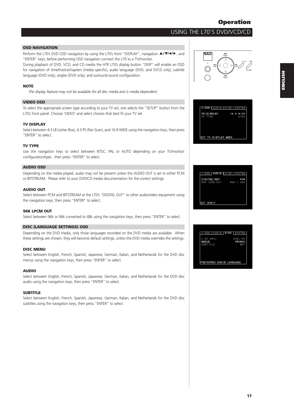 Using the l70’s dvd/vcd/cd operation | NAD L70 User Manual | Page 17 / 34