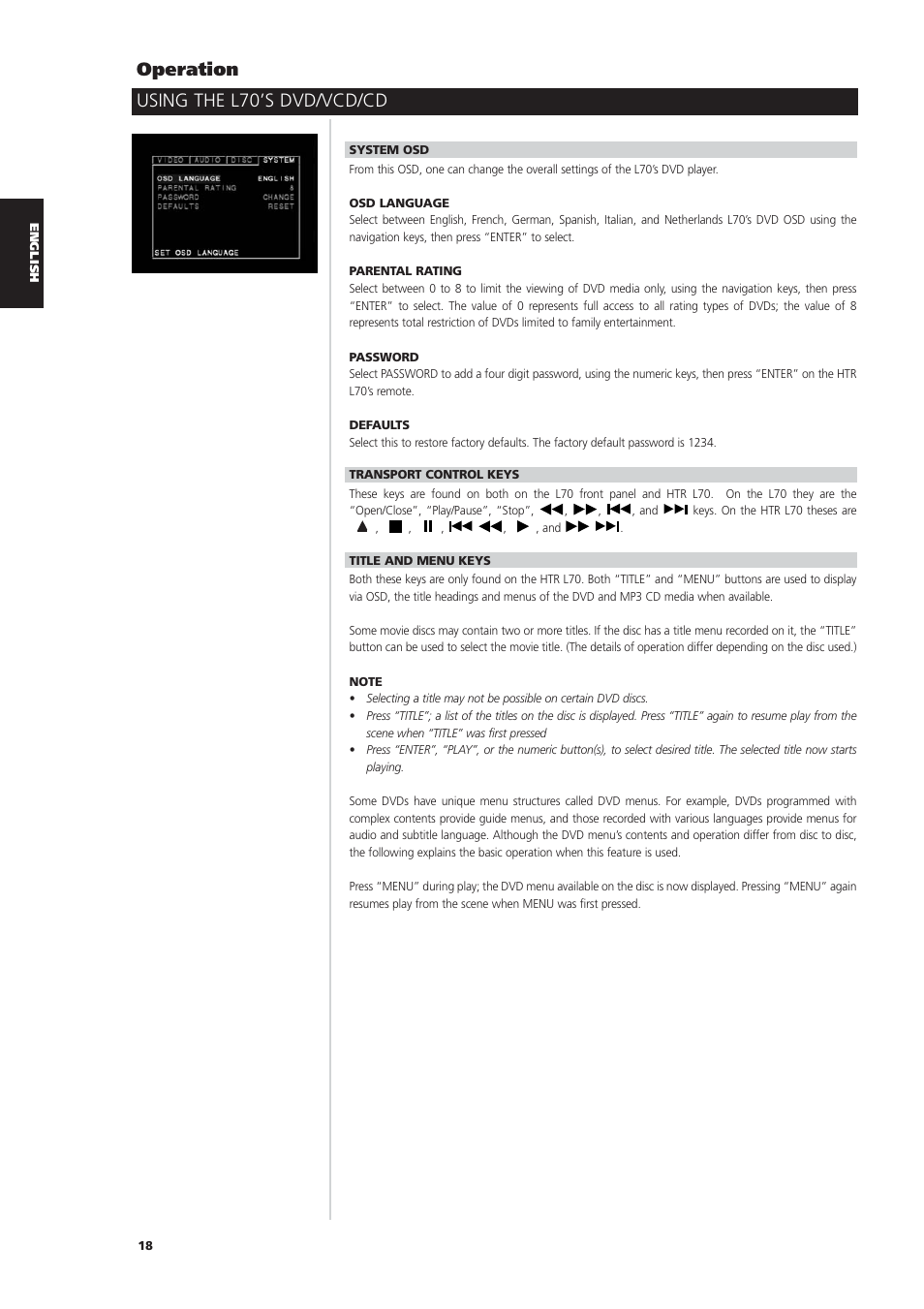 Using the l70’s dvd/vcd/cd operation | NAD L70 User Manual | Page 18 / 34