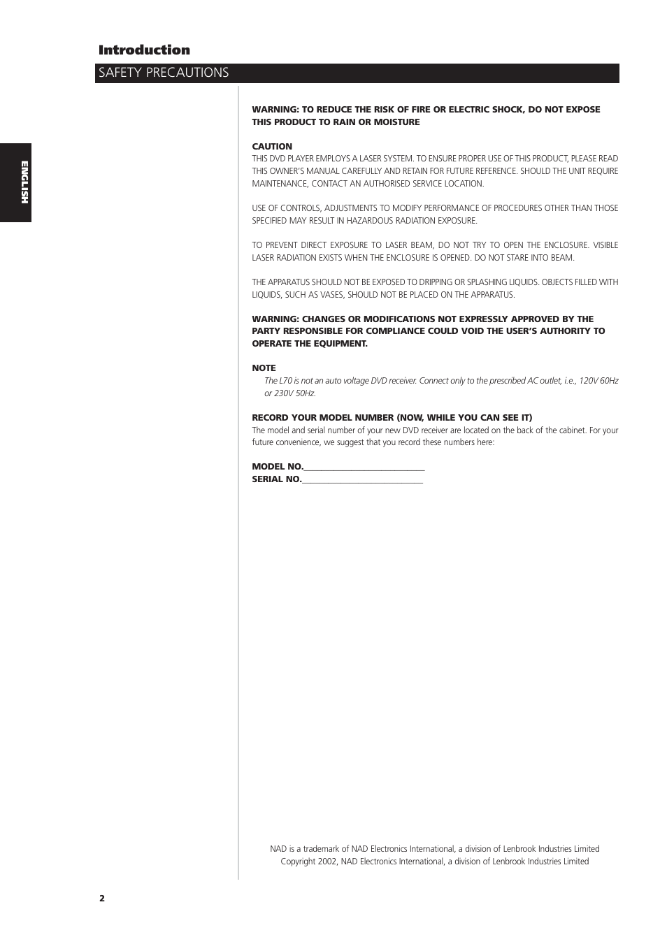 Safety precautions introduction | NAD L70 User Manual | Page 2 / 34