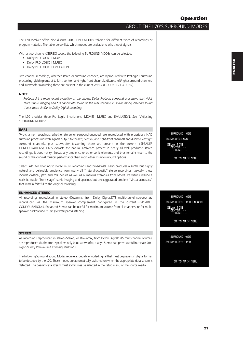 About the l70’s surround modes operation | NAD L70 User Manual | Page 21 / 34