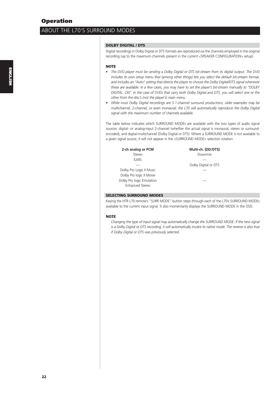 About the l70’s surround modes operation | NAD L70 User Manual | Page 22 / 34