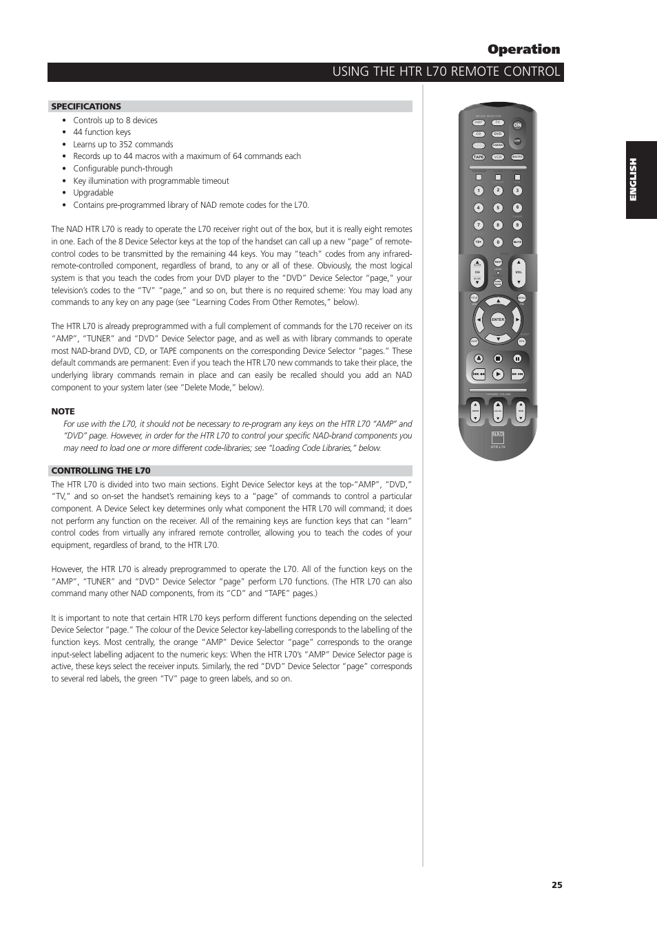 Using the htr l70 remote control operation | NAD L70 User Manual | Page 25 / 34