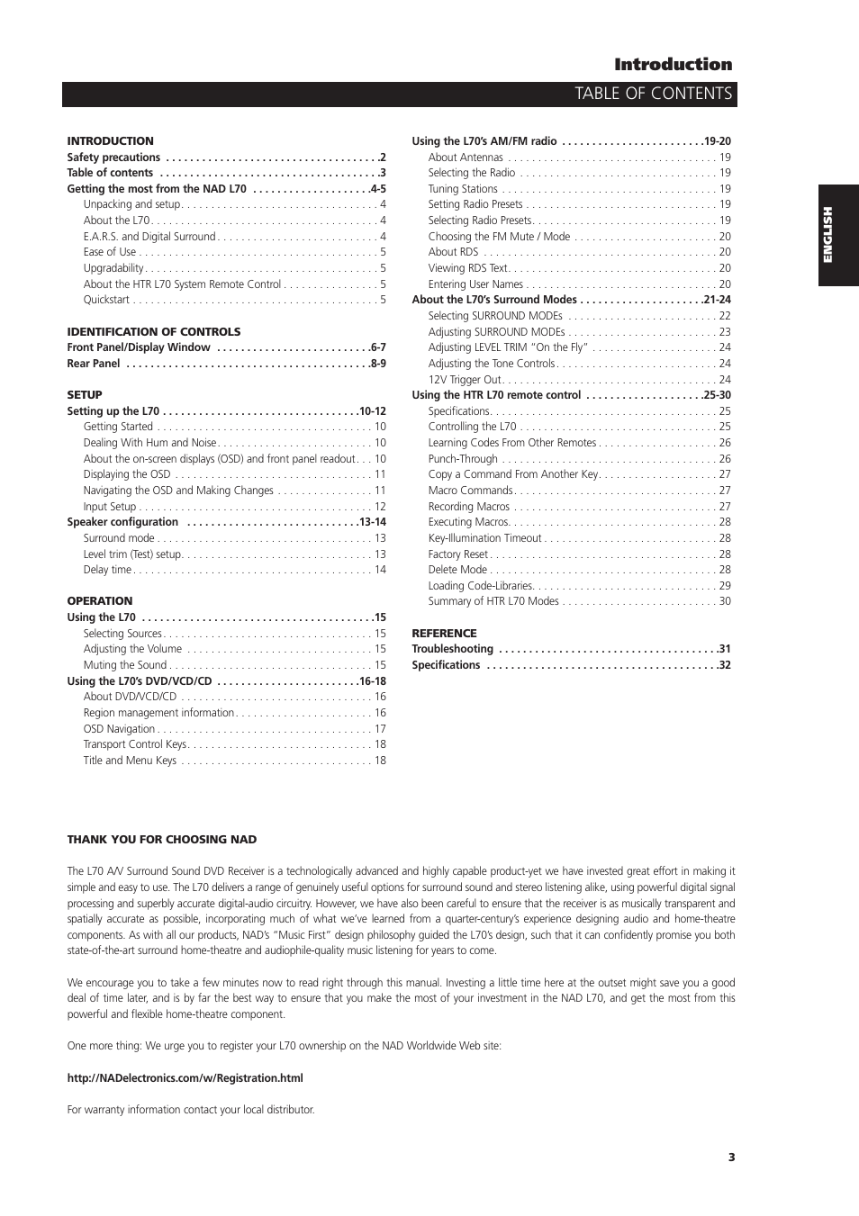 Table of contents introduction | NAD L70 User Manual | Page 3 / 34