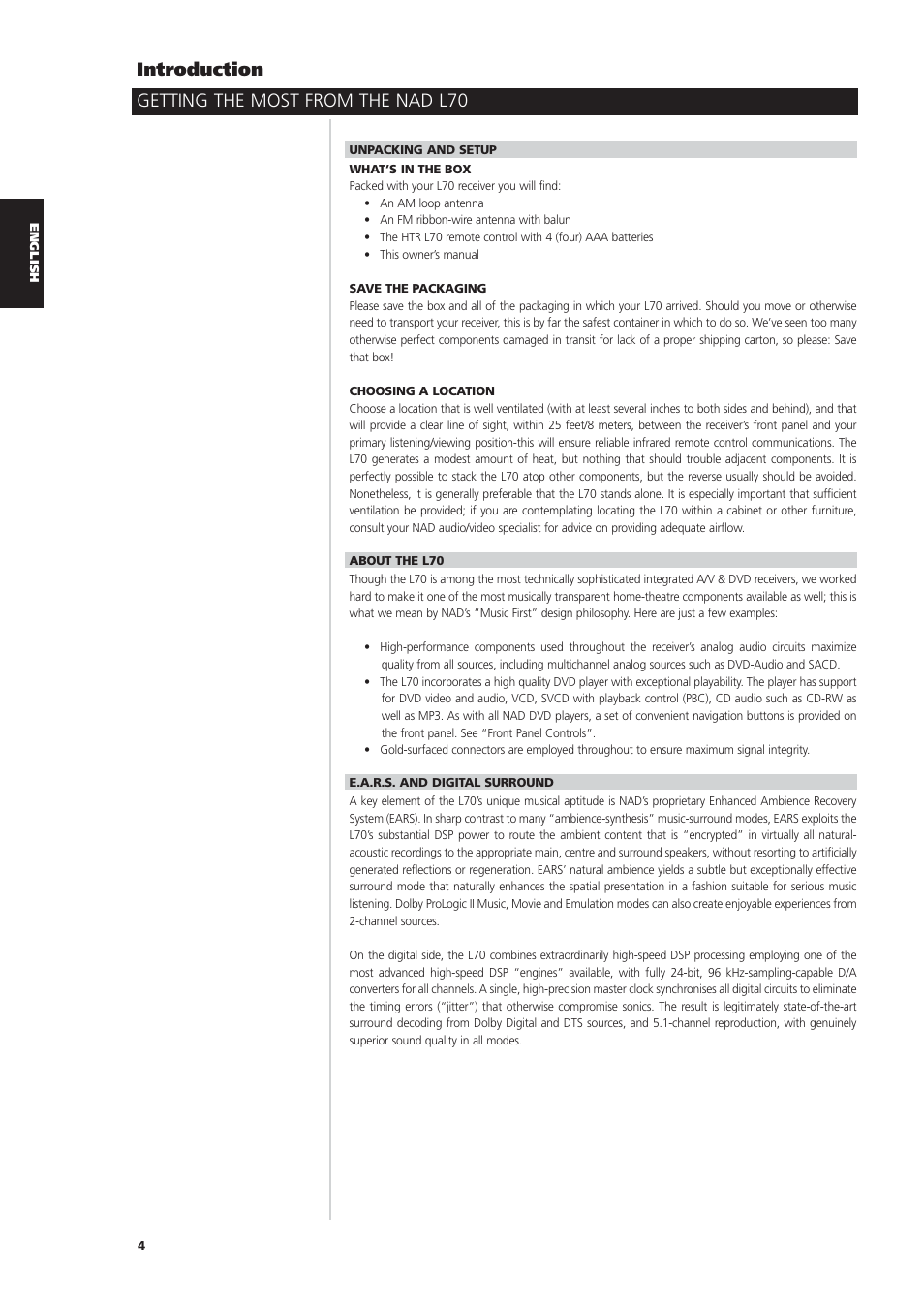 Getting the most from the nad l70 introduction | NAD L70 User Manual | Page 4 / 34