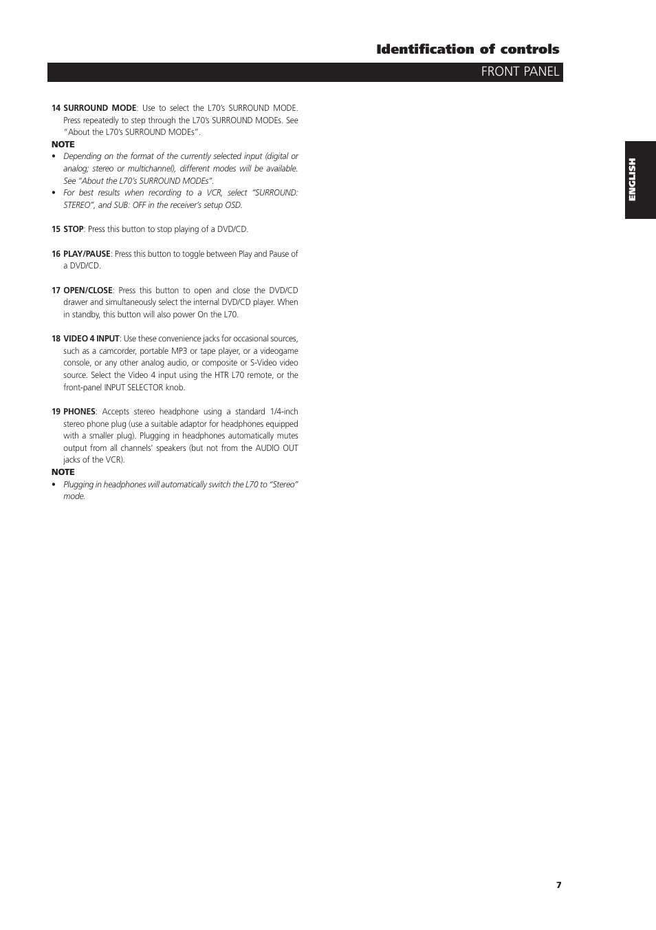 Front panel identification of controls | NAD L70 User Manual | Page 7 / 34