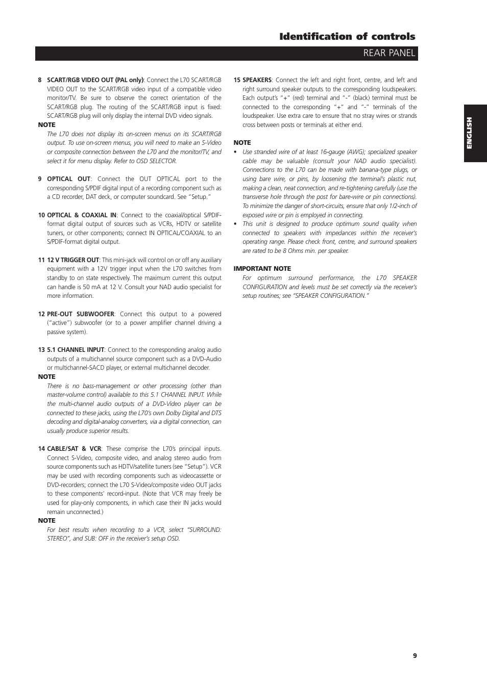 Rear panel identification of controls | NAD L70 User Manual | Page 9 / 34