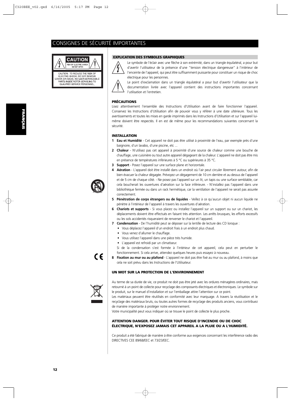 Consignes de sécurité importantes | NAD C 320BEE User Manual | Page 12 / 78