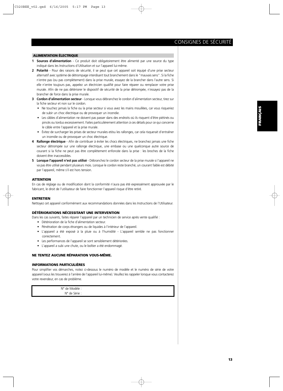 Consignes de sécurité | NAD C 320BEE User Manual | Page 13 / 78