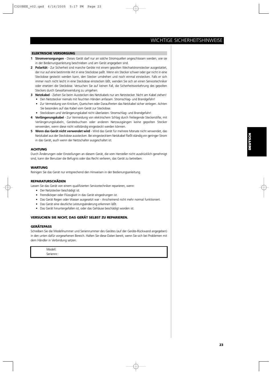 Wichtige sicherheitshinweise | NAD C 320BEE User Manual | Page 23 / 78