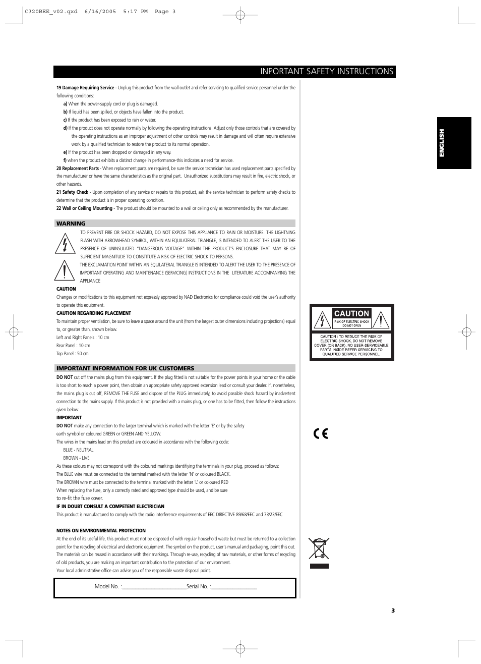 Inportant safety instructions | NAD C 320BEE User Manual | Page 3 / 78