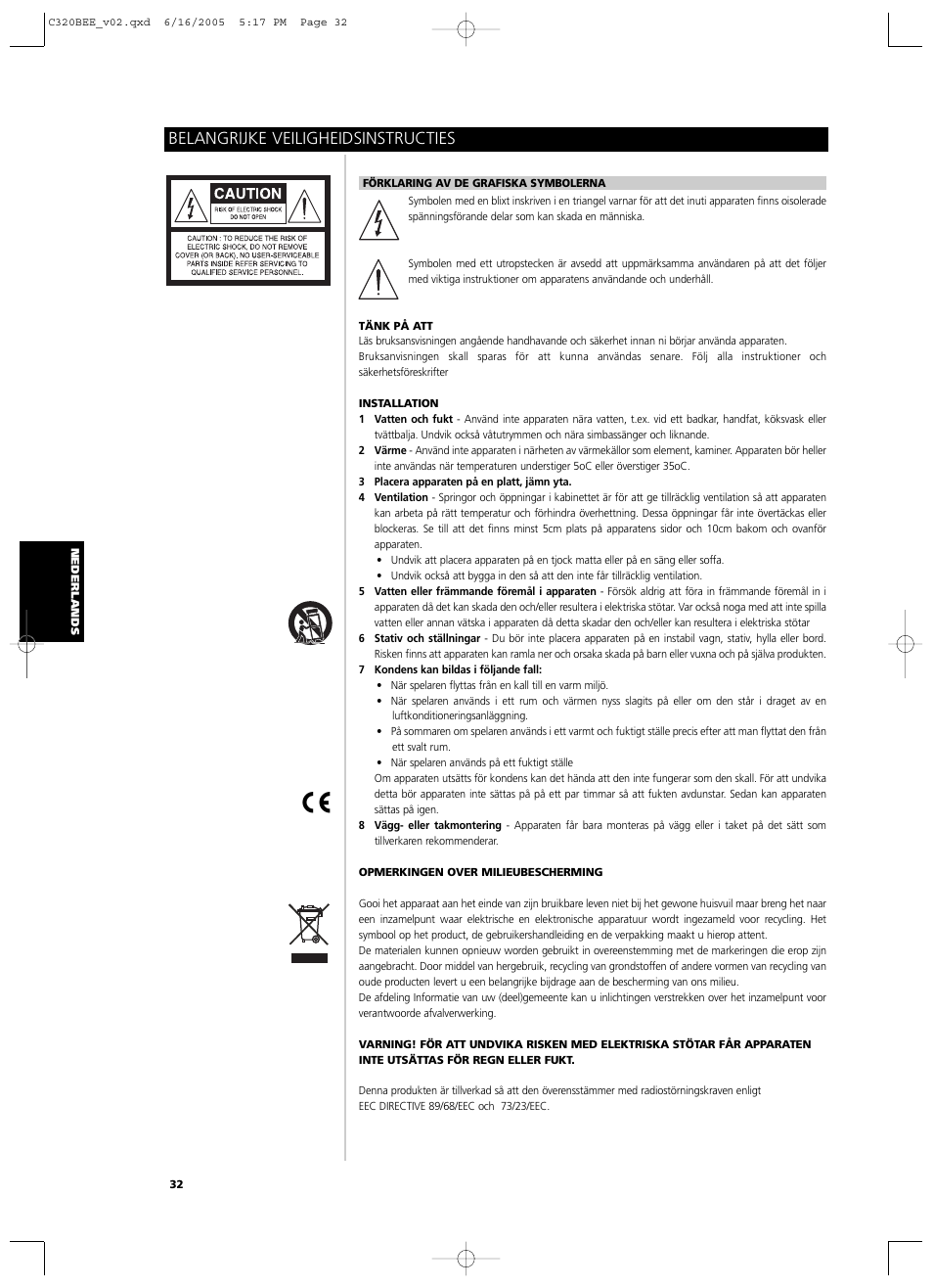 Belangrijke veiligheidsinstructies | NAD C 320BEE User Manual | Page 32 / 78