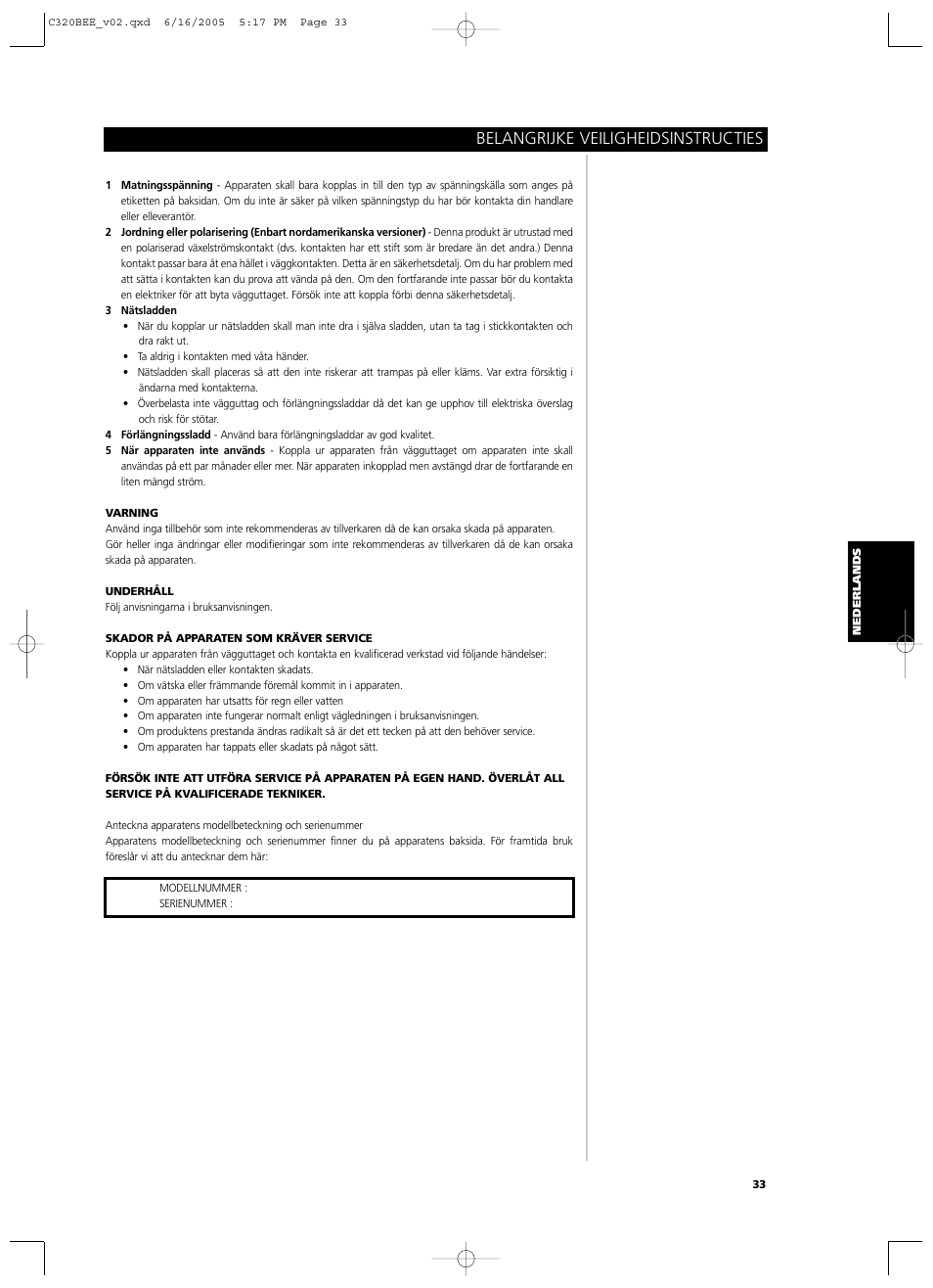 Belangrijke veiligheidsinstructies | NAD C 320BEE User Manual | Page 33 / 78