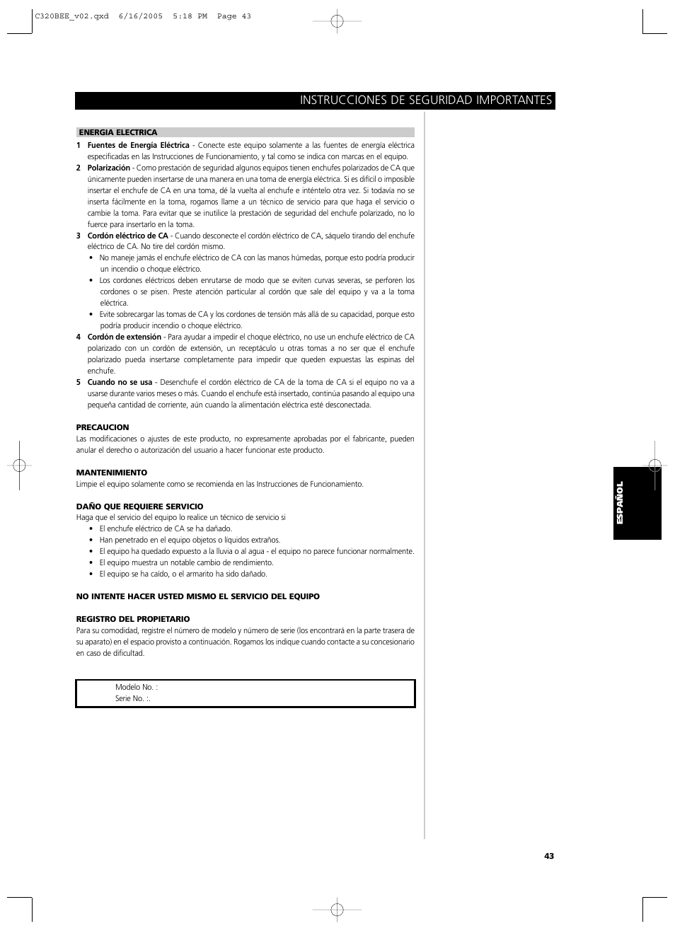 Instrucciones de seguridad importantes | NAD C 320BEE User Manual | Page 43 / 78